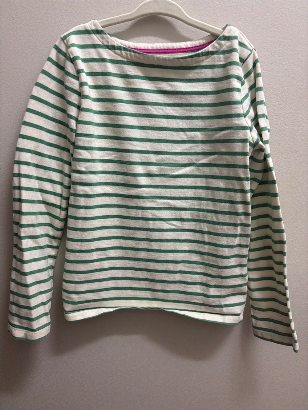 Mini Boden girls 7-8yrs White Top with Green Stripes - Long Sleeve Tee